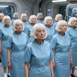 troop of very old women with white bob hairdos, tight light blue neopren suits, futuristic cloning facility, sci - fi, highly detailed, cinematic