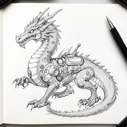 modern pen and ink drawing, dragon steam punk, clean lines, really clear, crisp detail, fine pen, Olivia Kemp, julia Hill