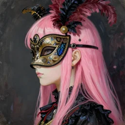anime masquerade vogue, intricate oil painting by greg rutkowski, trending on artstation, side profile, masquerade, pink bangs