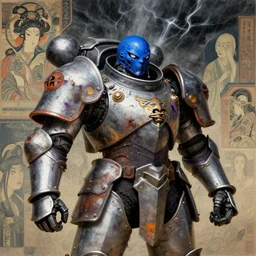 composition of symbolisme and futuristic, warhammer, cyber japan style armor, more and more scars, thunderstorm, blue head, water eyes, some purple and orange, the middle ages, highly detailed, artstation, in the style of moebius, jugendstil and classic japanese print, art by rene magritte and greg rutkowski
