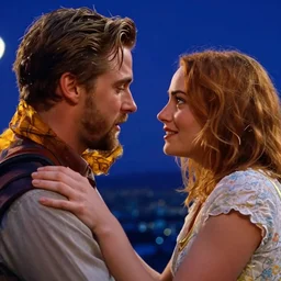 a cinematic close - up still of ryan gosling and emma stone in the movie lalaland ( 2 0 1 6 ), evening, highly detailed matte painting, by stanley artgerm lau, greg rutkowski, thomas kinkade, alphonse mucha, loish, norman rockwell, artstation
