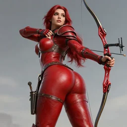 Female archer, dnd, d&d, leggins, red skintight leather armor, red hair, Low-Angle, visible face!, beautiful face!, alluring, D-cup, toned derriere, high fantasy, realistic!, extremely detailed, matte painting, by wlop and Frank Franzzeta, octane
