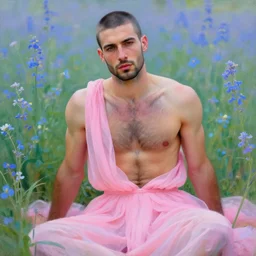 a portrait of a beautiful manly dude with short hair and a bare chest in a low cut dress, hairy chest, hairy arms, intimate, lovely, painting by antoine blanchard and charles camoin, digital painting, faded color disposition, vibrant neon pastel, pink dress, field of blue flowers, magical, aesthetic