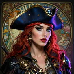 a head and shoulders portrait of a space pirate, neon, retro, steampunk, smooth, sharp focus, intricate, artstation, detailed concept art by Rutkowski and Mucha and sky sewa and Caravaggio