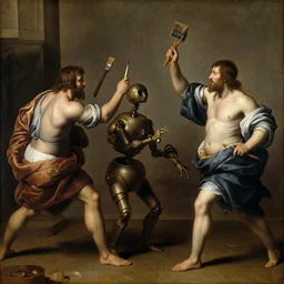 artists beating robots with paintbrushes, dramatic, renaissance art, classic painting