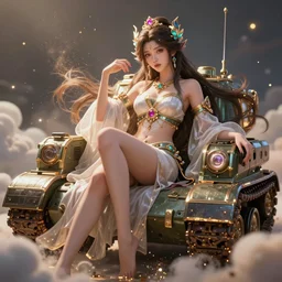 a beautiful female goddess of tanks character, character is in all its glory, character is in her natural relaxed pose, rim lights, particles and dust in the air, fancy clouds, highly detailed professional photo, dynamic lights, particles are flying, depth of field, trending on artstation, illustration, hyper realistic, vray caustics, super detailed, colorful accents, cinematic shot