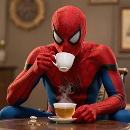 spiderman drinking tea, cinematic