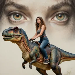 portrait of woman riding! a dinosaur. extreme fine detail background, highly detailed, detailed eyes, high quality, digital painting, hyperrealistic, by gaston bussiere, j. c. leyendecker, craig mullins