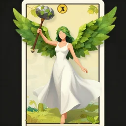 a girl with wings made of leaves, holding up a mace, concept art by muggur, flowing white dress, smooth, sharp focus, artstation contest winner, fantasy, 2 d game, tarot card