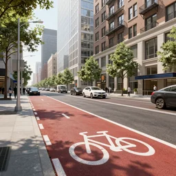 render of a low - rise urban district concept design in manhattan with bicycle lanes, high quality, 4 k
