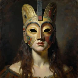 portrait of a woman wearing an ornate tribal mask, by jacques - louis david, by greg rutkowski, by zdzisław beksinski, by josep tapiro baro, trending on artstation, featured on pixiv, masterpiece, oil on canvas, cinematic composition, dynamic beautiful lighting,
