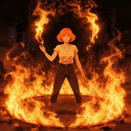 a girl with short orange blond hair standing triumphantly in a ring of fire and flames. Wisps of fire controlled at her fingertips. By Geoffroy Thoorens Norman Rockwell and Dan Volbert.