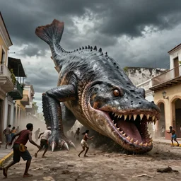 on the street of Jamestown in Santa Elena in 1815  a gigantic monster that looks like a mixture of monk-fish with crocodile limbs, wet and slimy with a very large mouth,dragging its enormous weight with effort on the street, there are people fleeing in terror, photo-realistic, stormy sky, photo by national geographical