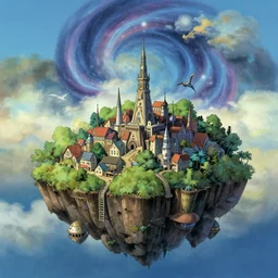 a small futuristic town on a floating island, anime drawing, andromeda backdrop, thomas cole, studio ghibli, 4 k, desktop wallpaper