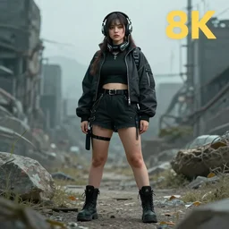 beautiful full portrait of a girl, brunette curvy long hair, full - body shot, wearing cyberpunk headphones, streetwear, like a fashion model + high detailed, resolution beautifully detailed landscape trending on artstation 8 k, cinematic, epic detailed trending on artstation 8 k, by bukurote + krenz cushart + ryota - h + wlop