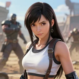 close up cinematic artwork of Tifa Lockhart staring down the enemy on the battlefield by Greg Rutkowski, 4k, masterpiece