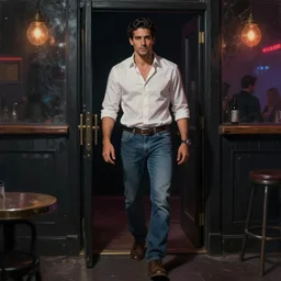 a beautiful artwork of a man in jeans and white shirt entering a nightclub, by Jerome Opeña, smoky noir atmosphere theme featured on artstation