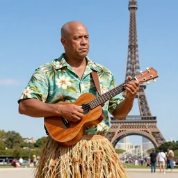 master chief, wearing a hawaiian shirt and grass skirt, playing a ukulele, in front of the eiffel tower, by claude monet and banksy