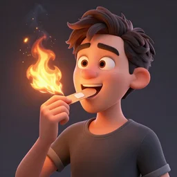 a 3d cartoon of a man tasting a bandaid on fire