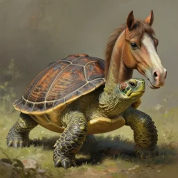 elegant fantasy turtle with a horses head. natural lighting, path traced, highly detailed, high quality, digital painting, by don bluth and ross tran and studio ghibli and alphonse mucha, artgerm