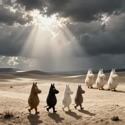 moomin trolls walking the desolate landscape in style of beksinski