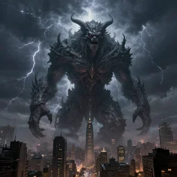 enormous creature towering over a city during a thunderstorm, eerie, mythic, detailed, intricate, grand, leesha hannigan, wayne haag, reyna rochin, ignacio fernandez rios, mark ryden, van herpen, artstation, cgsociety, epic