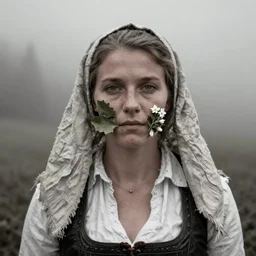portrait photography tyrolean female farmer, leaves and edelweiss growing from face, hay cloths, desaturated, fog, 1. 2 f, 3 5 mm, dark, fog, 1 9 2 0 s ghost photography