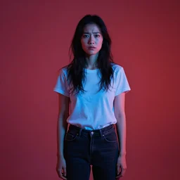 woman, beautiful asian, standing in front of the camera, agitated, medium wide shot, red and blue, ambient light, photography, iso 2 0 0, steve mccurry