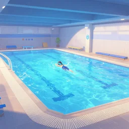 Screenshot from Overwatch, at an indoors swimming pool
