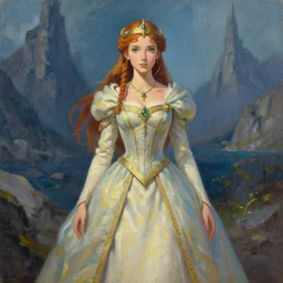 viking scifi pricess of the fjords, wearing a lovely dress. this oil painting by the award - winning mangaka has an interesting color scheme and impeccable lighting.