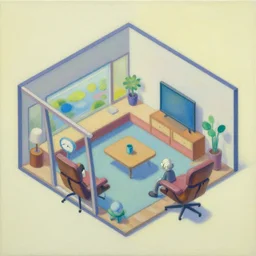 isometric of the eames house interior by shusei nagaoka kaws, david rudnick, airbrush on canvas, pastell colors, cell shaded