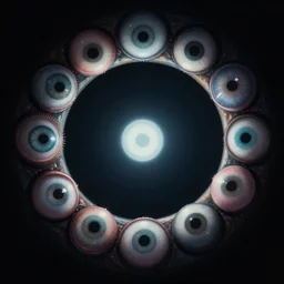 a ring of different eyes in the darkness all looking at a central point, trending on art station, digital art.