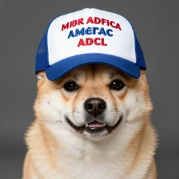 doge wearing a make america great again cap, realistic,