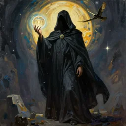 a man wearing a long black cloak, shadowy hood covering face, holding a glowing orb, grandiose style, new age painting, by Michelangelo, trending on artstation