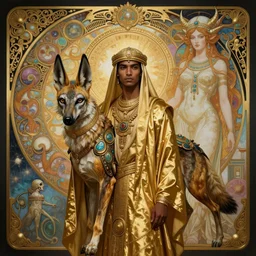 young arabian nomad half anubian jackal, with golden fabrics, masterpiece, celestial art, nouveau, demon goddess of death, baroque details, biopunk, doomcore decay, sumerian, nicola samori, tadema, mucha, dieselpunk, highly detailed
