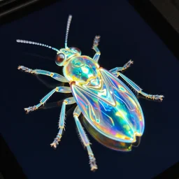 a close up of a irridescent insect hologram, photographed with a 3 0 0 mm f 2 prime lens, unsplash, holography, neon iridescence, radiant light, glowing neon, luminescence, volumetric lighting, highly detailed, cinematic lighting, cedric peyravernay maciej kuciara, dramatic lighting, medium shot, ground angle, uhd 8 k, shallow