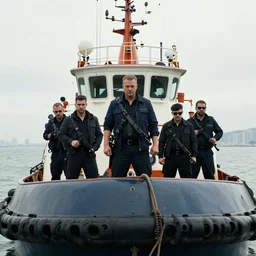 a group of mafiosos on board a tugboat looking menacing