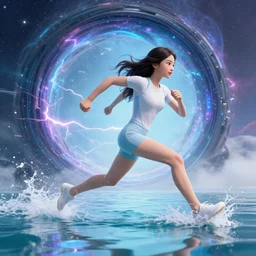 seductive lee jin - eun running on water at super speed, emerging from multiversal galactic portal, splashes of lightning behind her, zooming past a small island, by ilya kuvshinov and peter mohrbacher and ruan jia, and m. k. kaluta, rule of thirds, coherent symmetry, masterpiece, beautiful, majestic, beautiful eyes