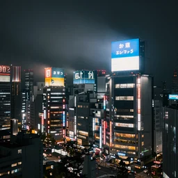 japanese cityscape, at night, high rises, billboard ads, neon signs, overcast, foggy, depressing, ominous, imposing, industrial, dramatic illumination, multi colored lighting, highly detailed, ultra realistic, 8 k, cityscape photography, by nathan walsh
