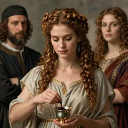 half - length portrait of beautiful witch circe with curly hair, gathered in long braids, while she puts the poison in a cup, in the odyssey, art by giotto, leonardo da vinci, moebius, julia margaret cameron
