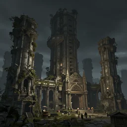ancient overgrown brutalist megastructures, partially operational, james gurney, peder severin kroyer, unreal engine, detailed, nighttime.