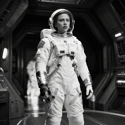 scarlett johansson in spacesuit inside a dark alien spaceship, black and white, pencil and ink manga, ridley scott, dramatic lighting