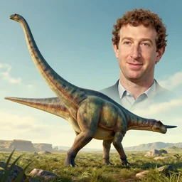 mark zuckerbergs face on a long neck apatosaurus dinosaur