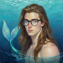 a painting of a handsome guy with very long brownish! hair, with nerdy glasses as a mermaid! in the sea, art by artgerma and greg rutkowski