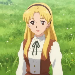 young blonde pioneer girl in a meadow, portrait, anime style