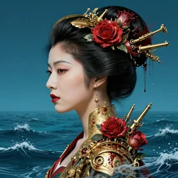 portrait of japenese woman :: side profile :: in ocean :: roses and guns metal details :: gold :: blood and horror ::  by marvel and Sandra Chevrier