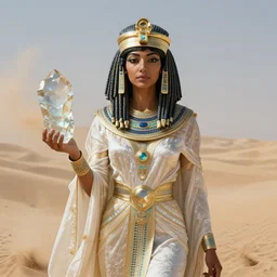 an anthropomorphic beautiful goddess female pharaoh wizard portrait holding a crystal wearing robe made of sands in a sandstorm, dreadlock breed hair, fine art, award winning, intricate, elegant, sharp focus, octane render, hyperrealistic, cinematic lighting, highly detailed, digital painting, 8 k concept art, art by jamie hewlett and z. w. gu, masterpiece, trending on artstation, 8 k
