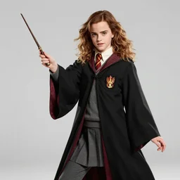 Emma Watson as Hermione Granger, wearing black robe, promotional photo, studio lighting, blank background, action pose, holding elder wand