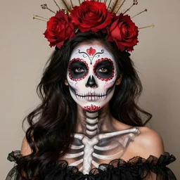 halloween beauty portrait of a skeleton woman of death, the makeup on the face. day of the dead. charming and dangerous calavera catrina, trending on artstation, greg rutkowski, john singer sargent, crop top, intricate