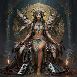 a visionary painting of a single alluring electronic mystical tribal goddess surrounded by feathers and gemstones and cables and synthesizer parts is surrounded by sacred geometry made from elven architecture and incense smoke, full body, gorgeous, perfect face, powerful, cinematic, beautifully lit, by artgerm, by karol bak, by viktoria gavrilenko, 3 d, trending on artstation, octane render, 8 k